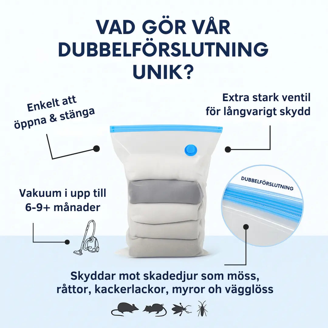 Dubbelförslutande vakuumpåsar för kläder, kuddar och täcken – spara 80% av utrymmet