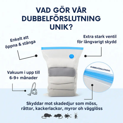 Dubbelförslutande vakuumpåsar för kläder, kuddar och täcken – spara 80% av utrymmet