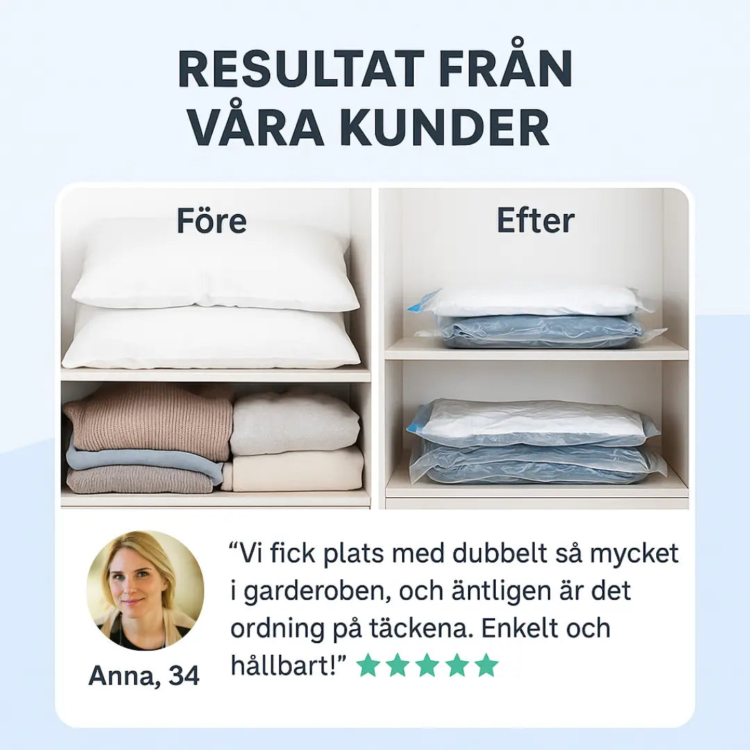 Dubbelförslutande vakuumpåsar för kläder, kuddar och täcken – spara 80% av utrymmet