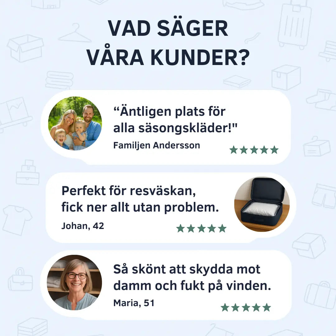 Dubbelförslutande vakuumpåsar för kläder, kuddar och täcken – spara 80% av utrymmet