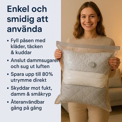 Dubbelförslutande vakuumpåsar för kläder, kuddar och täcken – spara 80% av utrymmet