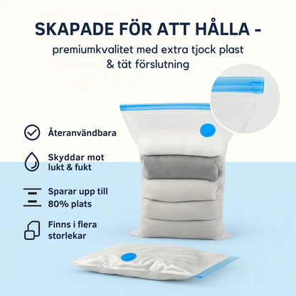 Dubbelförslutande vakuumpåsar för kläder, kuddar och täcken – spara 80% av utrymmet